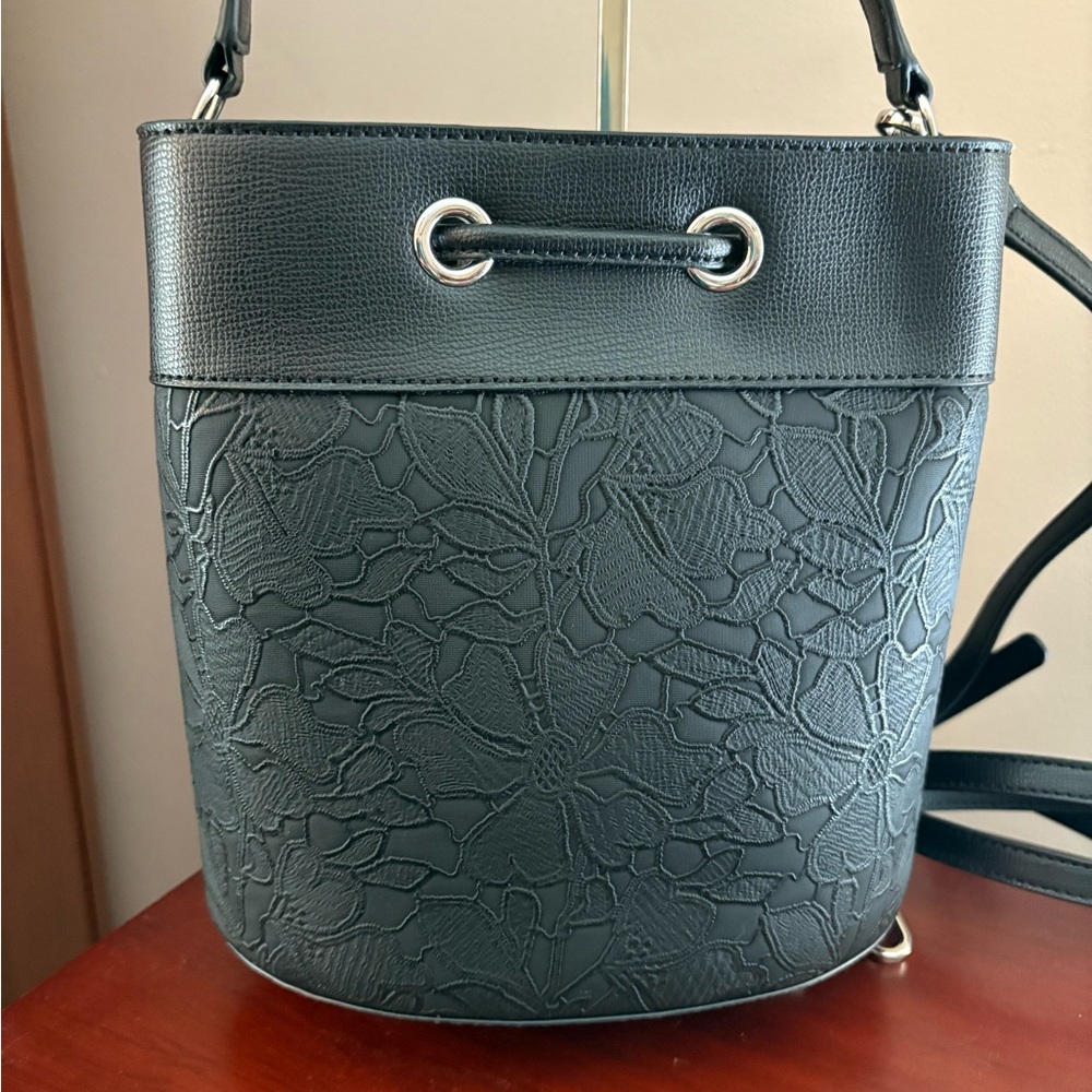 Karl Lagerfeld NWT Paris Black Lace Embossed Adele Bucket Bag - Picture 8 of 16